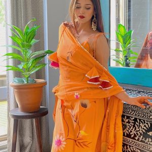 Orange Floral Motifs Suit Set