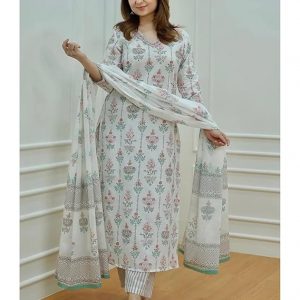 White Floral Cotton Kurti With Palazzo & Dupatta Set