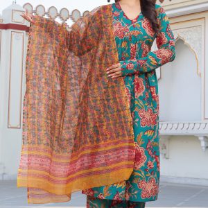 Teal Green Floral Printed Anarkali Kurta Set with Contrast Dupatta – Elegant Ethnic Wear