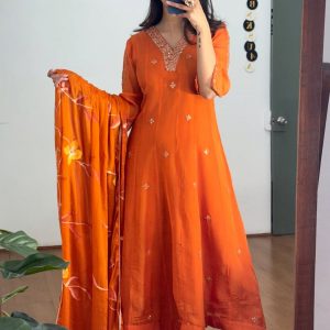 Mirror embroidered Anarkali pants set with hand painted dupatta