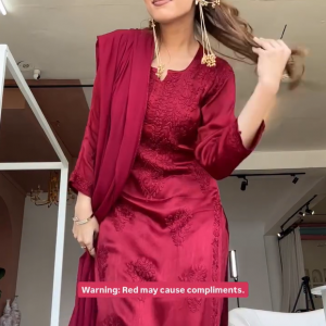 Red chinon chikankari 3 pc set in