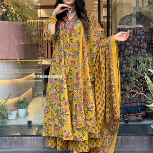 Women's Printed Cotton Anarkali Kurta & Pant With Dupatta Set