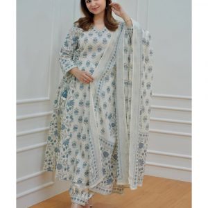 Grey White Cotton Afghani Kurti With Pant & Dupatta Set