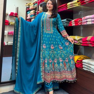 Teal Blue Floral Printed Anarkali Suit with Dupatta