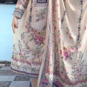 Luxury Pastel Cream Floral Printed Muslin Suit Set with Designer Dupatta