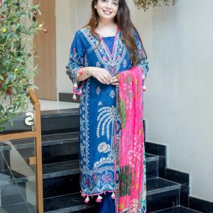 Navy Blue Embroidered Cotton Suit Set with Printed Dupatta