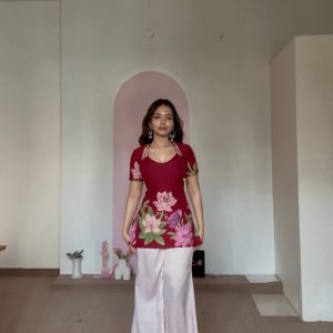 Laila Kurti – Deep Maroon Floral Pure Silk Kurti with Soft Double Lining