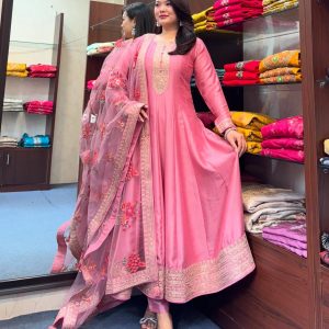 Pink Embroidered Anarkali Suit Set with Floral Net Dupatta